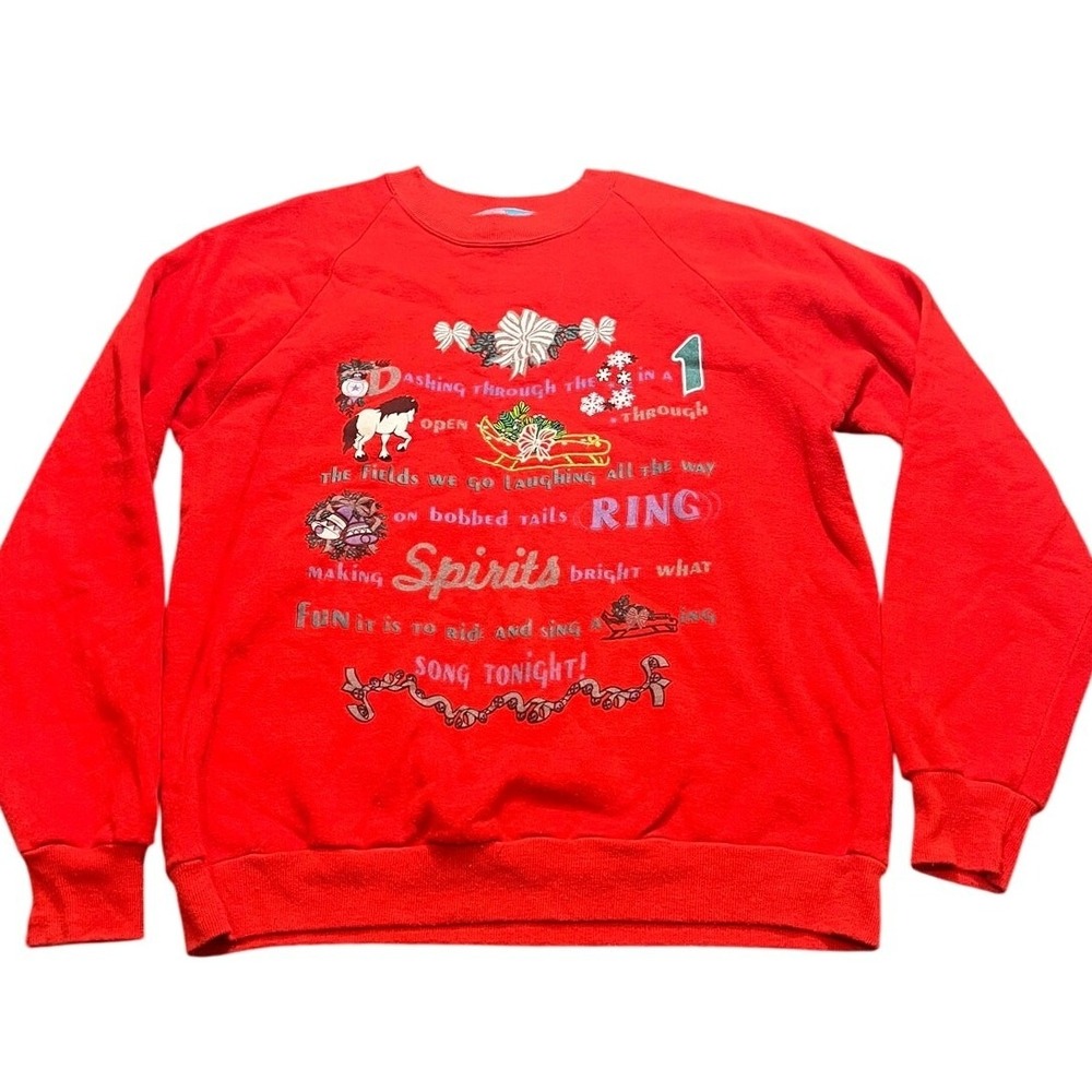 Vintage Christmas Sweatshirt Womens XL Red Embroidered Jingle Bells Sleigh 90s